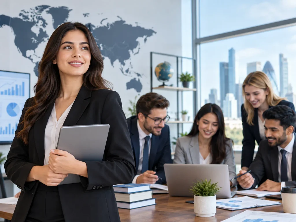 Global teamwork in a modern office