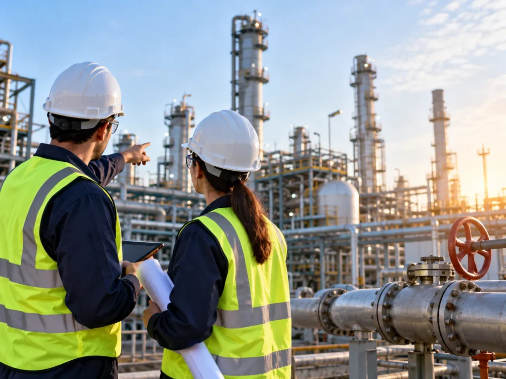 Engineers Overlooking the Refinery