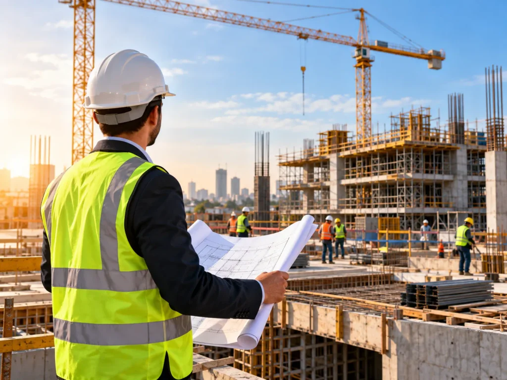 Construction Engineer Overlooking Crane-Lined Site
