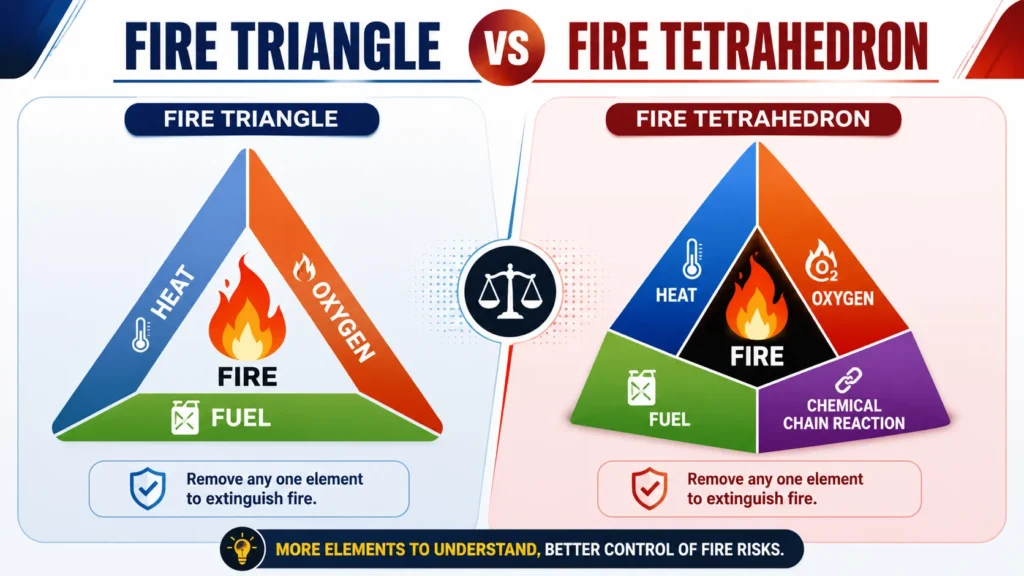 Fire triangle vs fire tetrahedron comparison