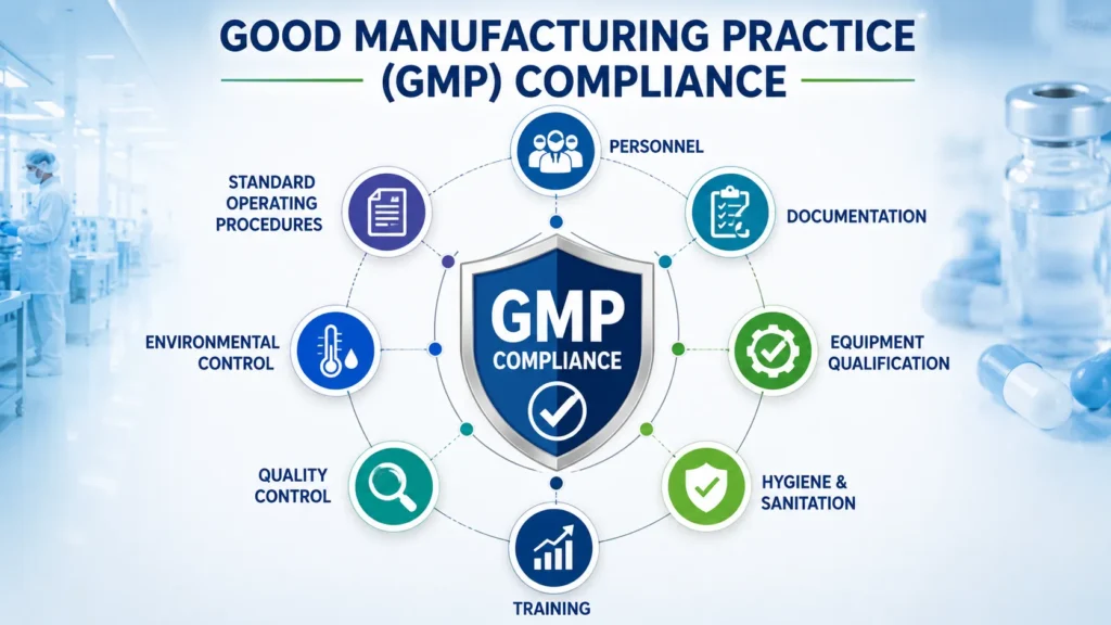GMP compliance infographic with key ele