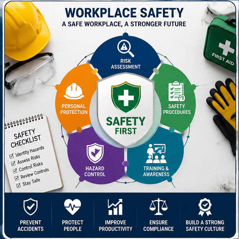 Professional Health and Safety workplace illustration showing safety helmet, protective goggles, gloves, ear protection, and workplace safety equipment representing workplace safety, risk management, and Health and Safety best practices.