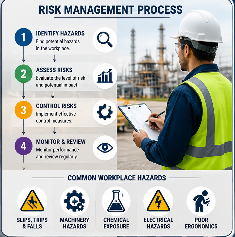 Workplace Safety and Risk Management infographic illustrating hazard identification, risk assessment, hazard control, safety procedures, employee training, workplace hazards, and continuous safety monitoring.
